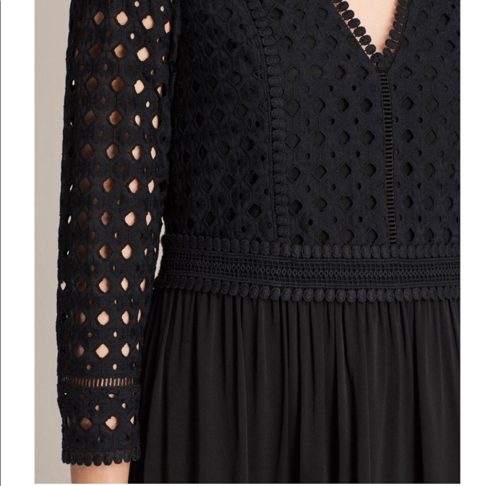 All Saints Black Crochet V-Neck Long Sleeve Mini Dress - Picture 4 of 9